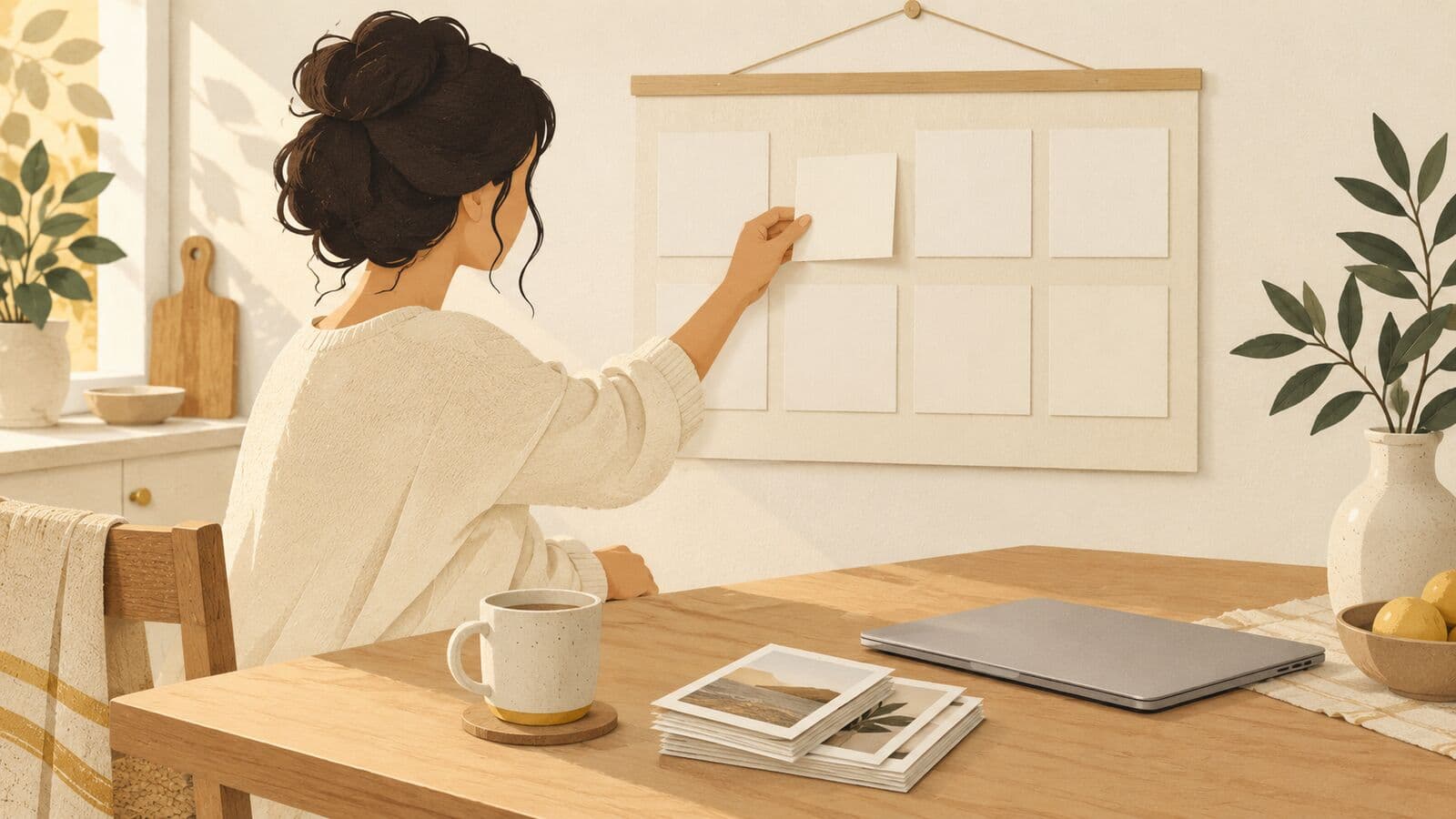 Paper cut-out of a person at a kitchen table placing a blank card into a weekly planner beside a closed laptop.