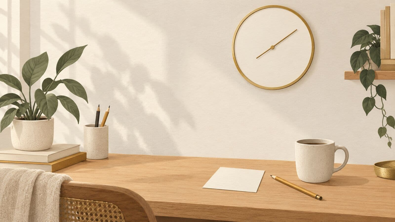 Paper cut-out of a wall clock above a small desk holding one blank post card, a pencil and a cup.