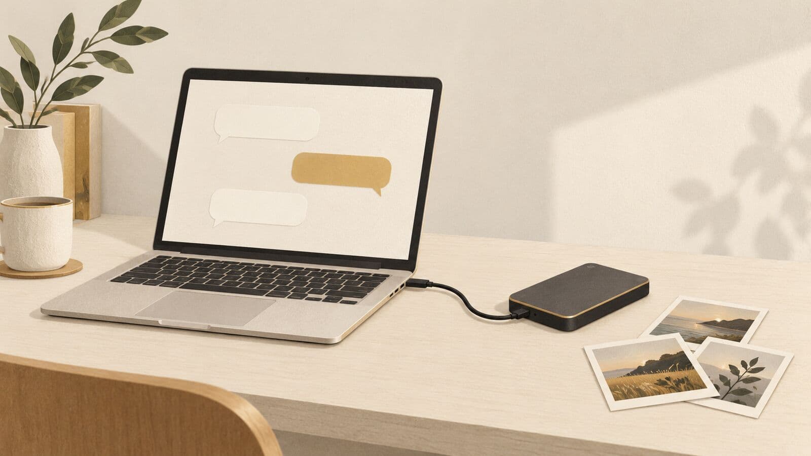 Paper cut-out of a laptop with blank chat shapes joined by a cable to a small external drive.