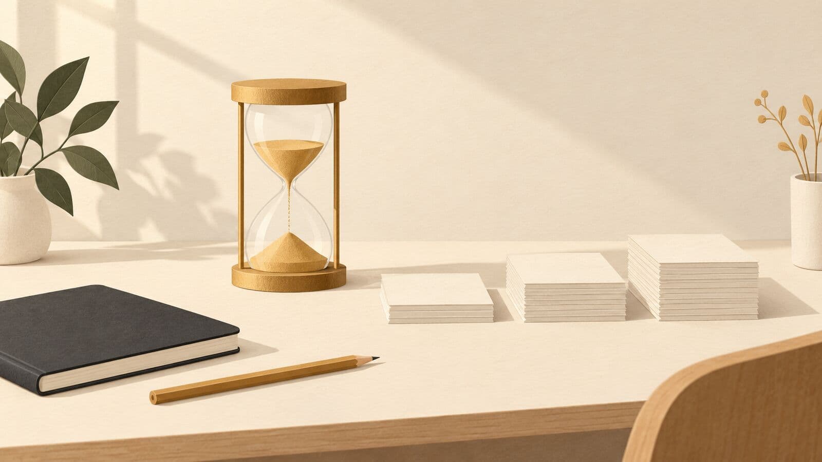 Paper cut-out of an hourglass on a small desk beside three modest stacks of blank cards and a pencil.