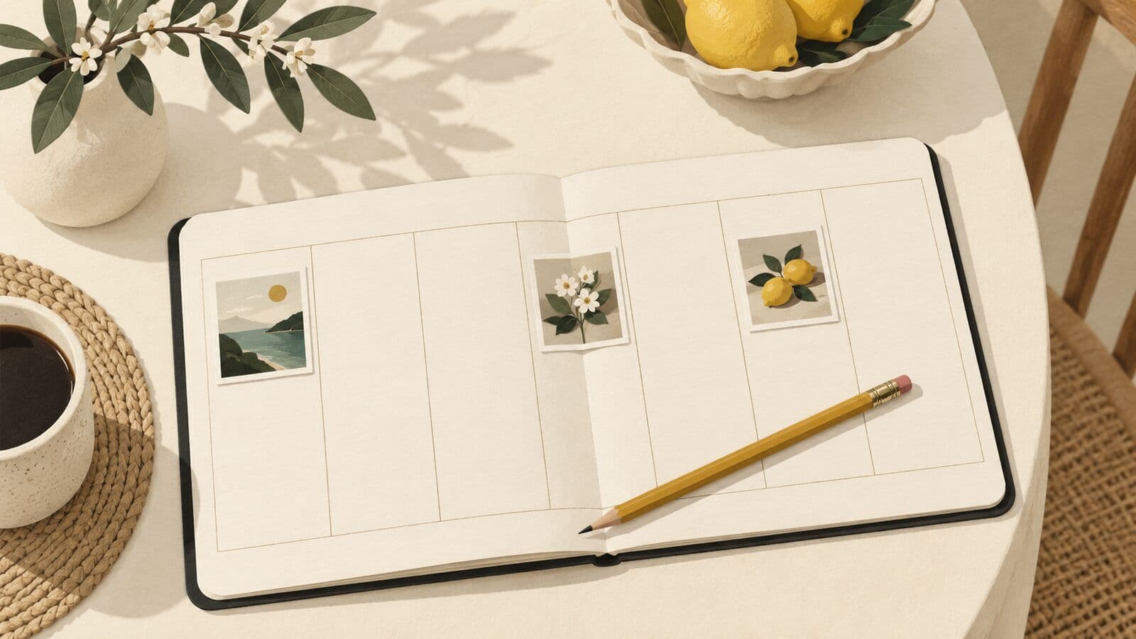 Paper cut-out of an open weekly planner with three small photo cards in separate day squares and a pencil.