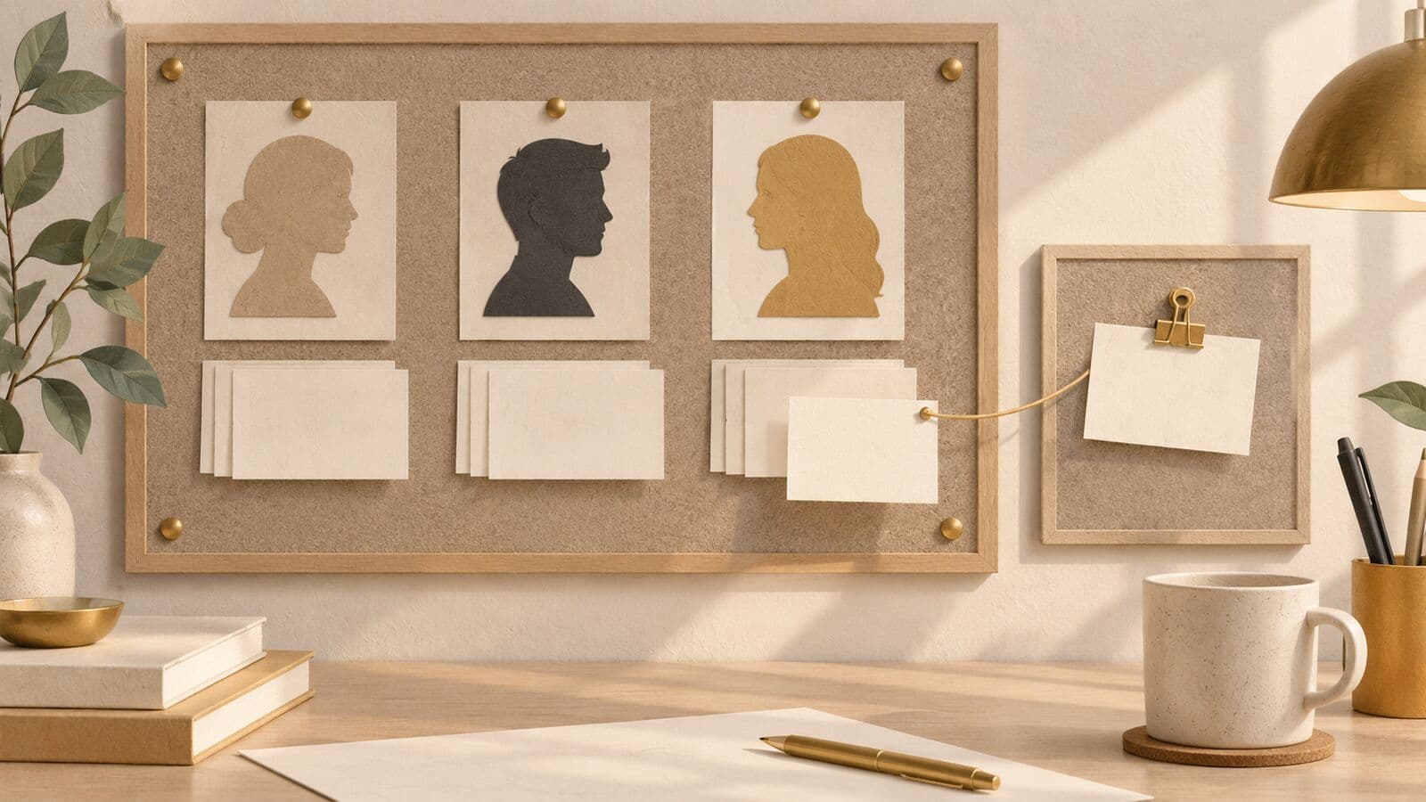Paper cut-out of a pinboard with three profile silhouettes, each above blank post cards, one card pulled forward.