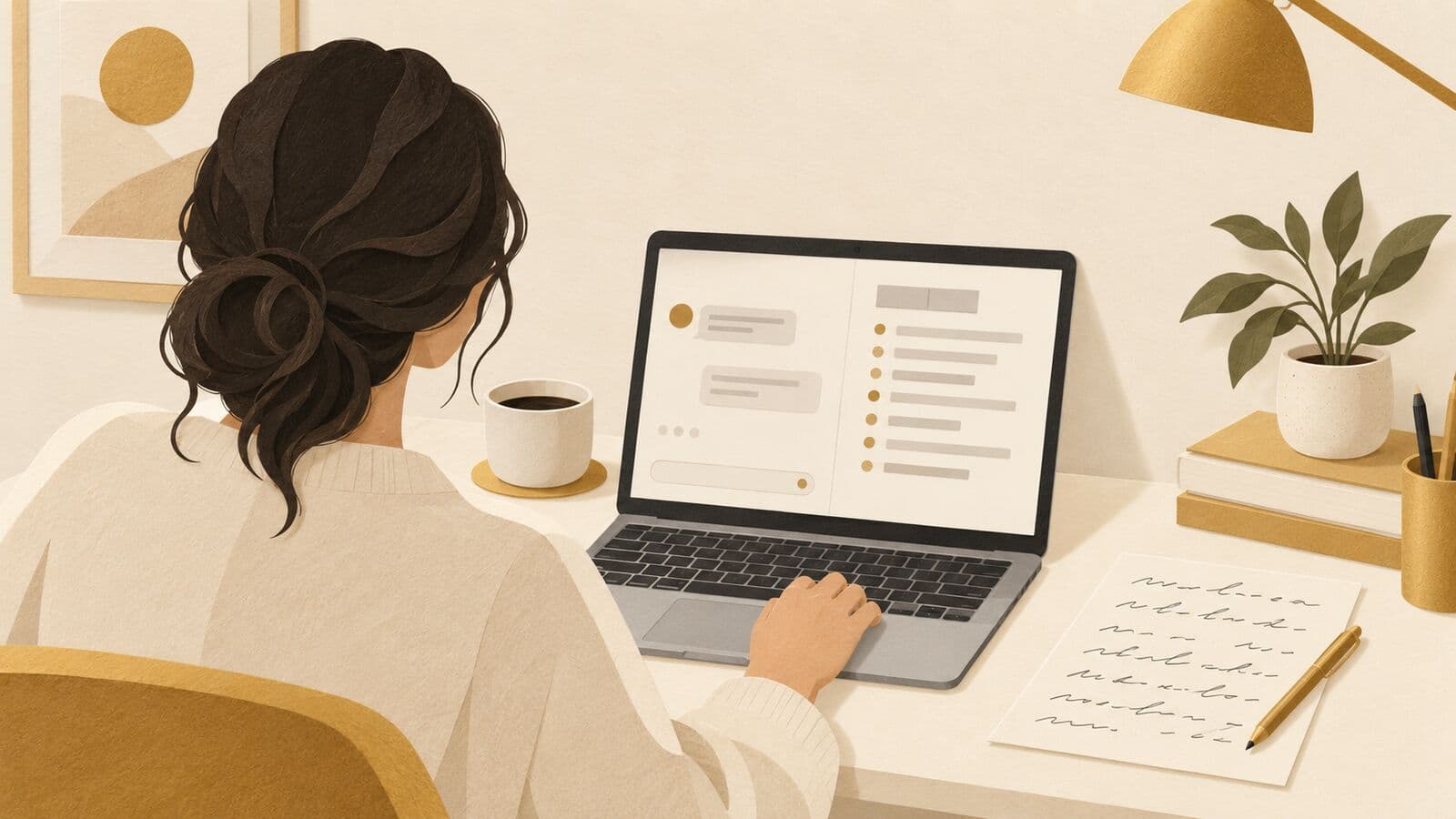 Paper cut-out of a person at a desk seen from behind, with a laptop of blank shapes and story pages face down.