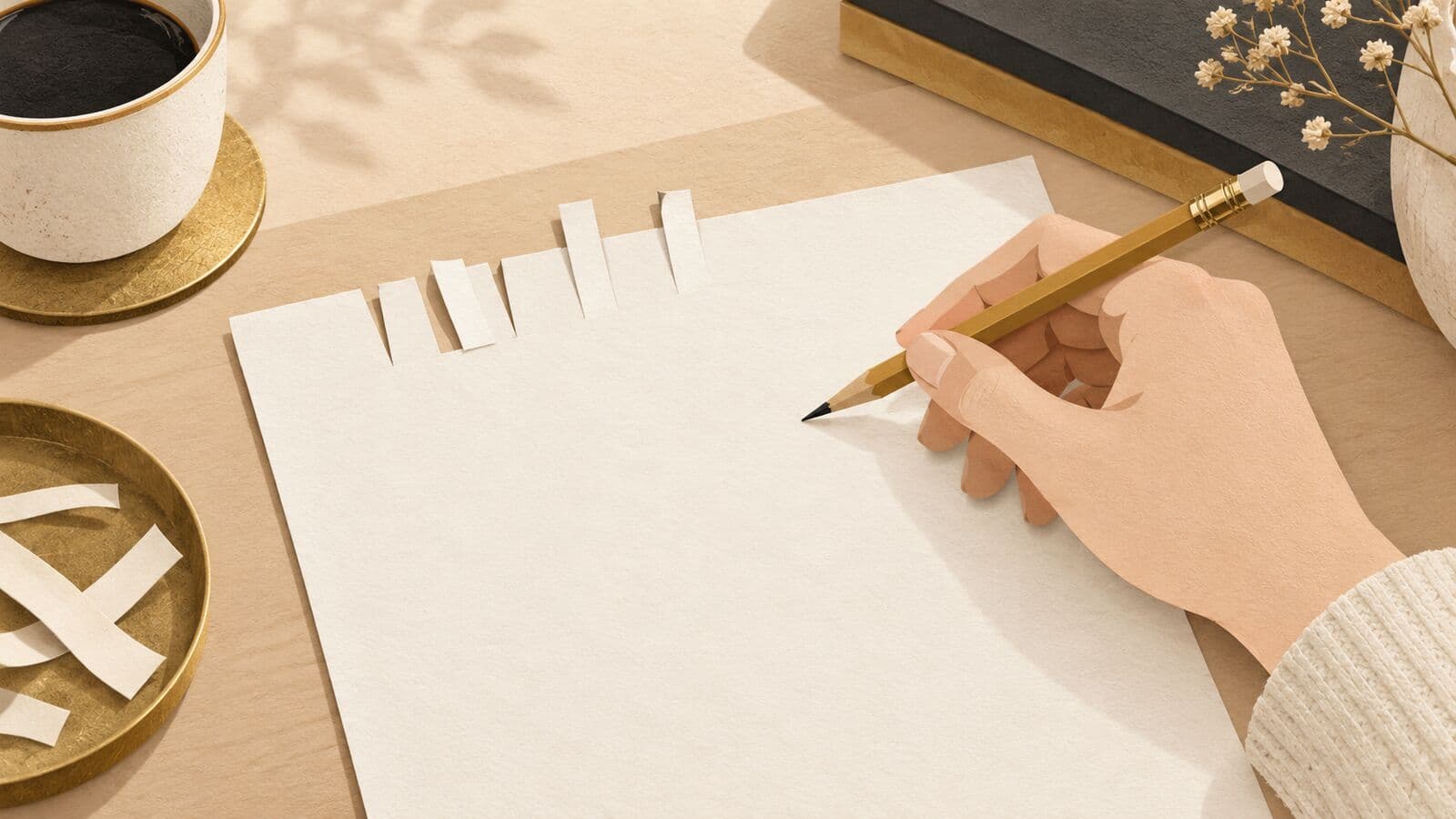 Paper cut-out of a blank page with narrow strips cut from its top edge and a hand holding a pencil above it.