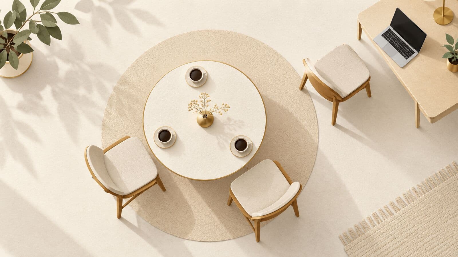 Paper cut-out of a round table with three chairs and cups seen from above, with a laptop on a side desk.