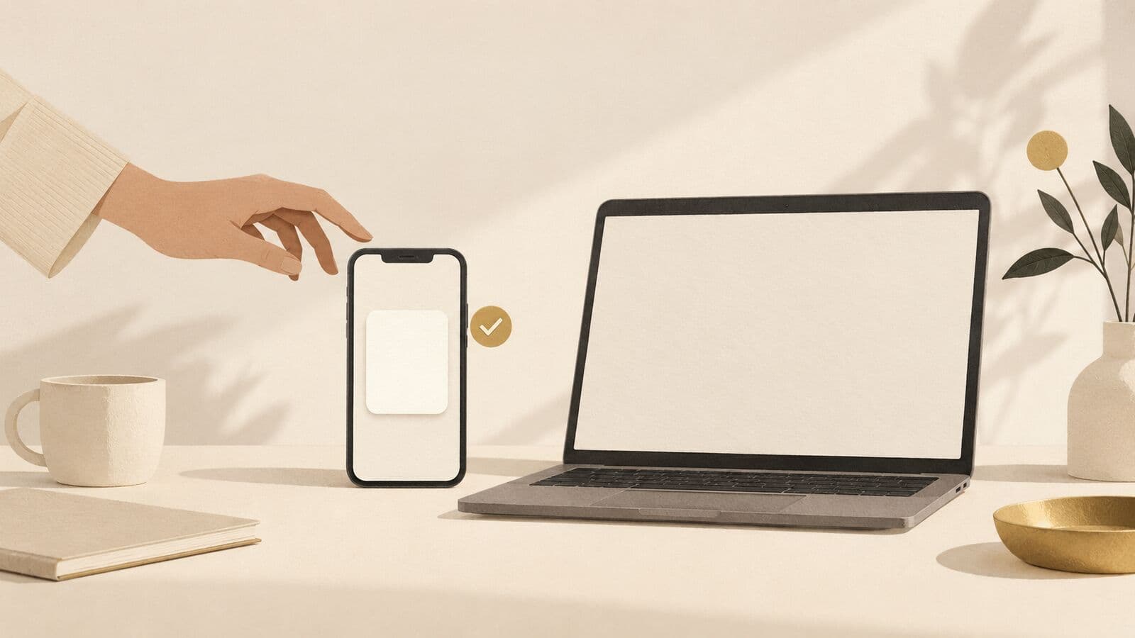 Paper cut-out of a phone showing a blank card and a gold check beside a laptop, with a hand reaching in from the side.