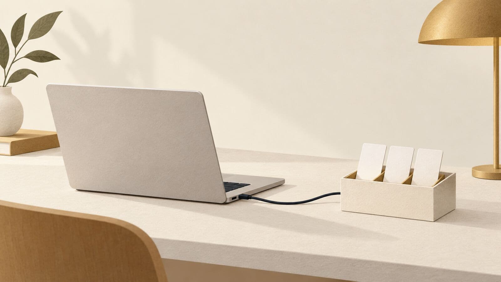 Paper cut-out of a laptop joined by a cable to a small paper box holding three blank cards.