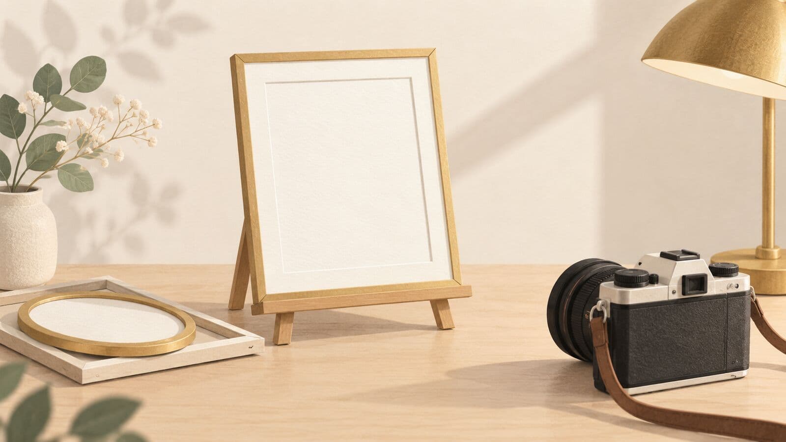 Paper cut-out of one empty frame on a desk easel facing a camera, with two other frames stacked flat beside it.