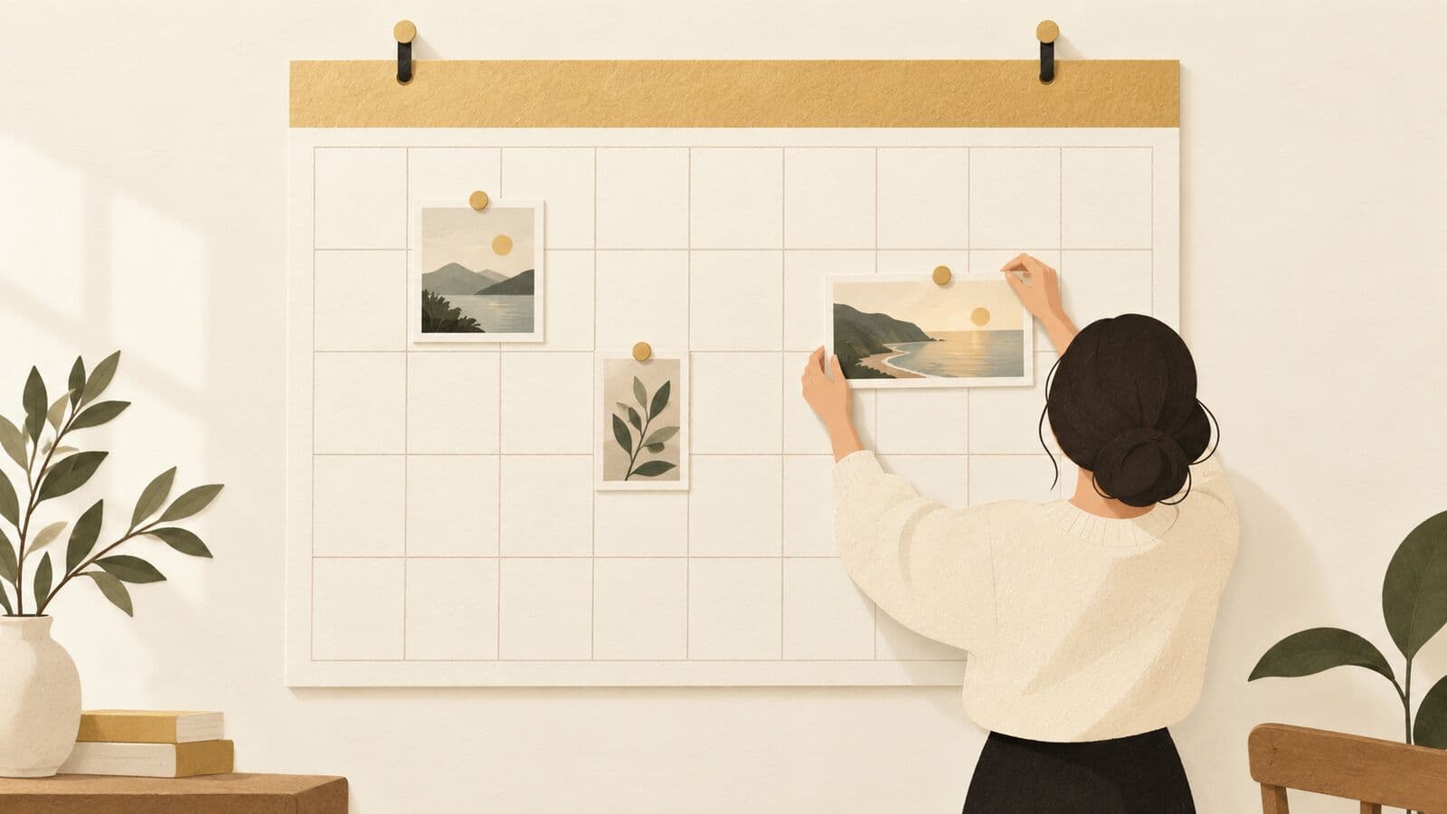 Paper cut-out of a wall calendar filled with three kinds of blank cards while a person pins up the last one.