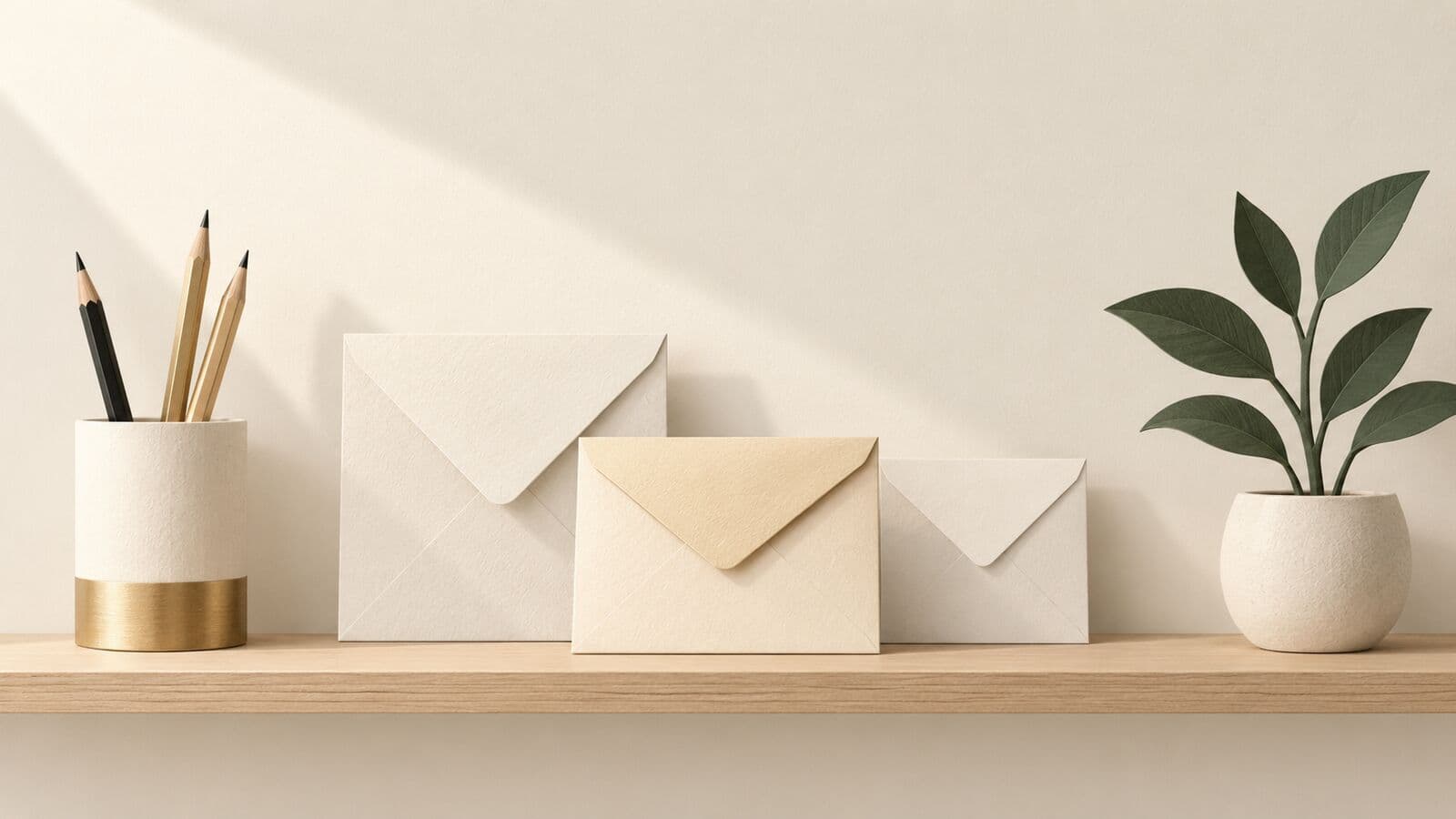 Paper cut-out of three envelopes of different sizes on a shelf, beside a pencil cup and a plant.