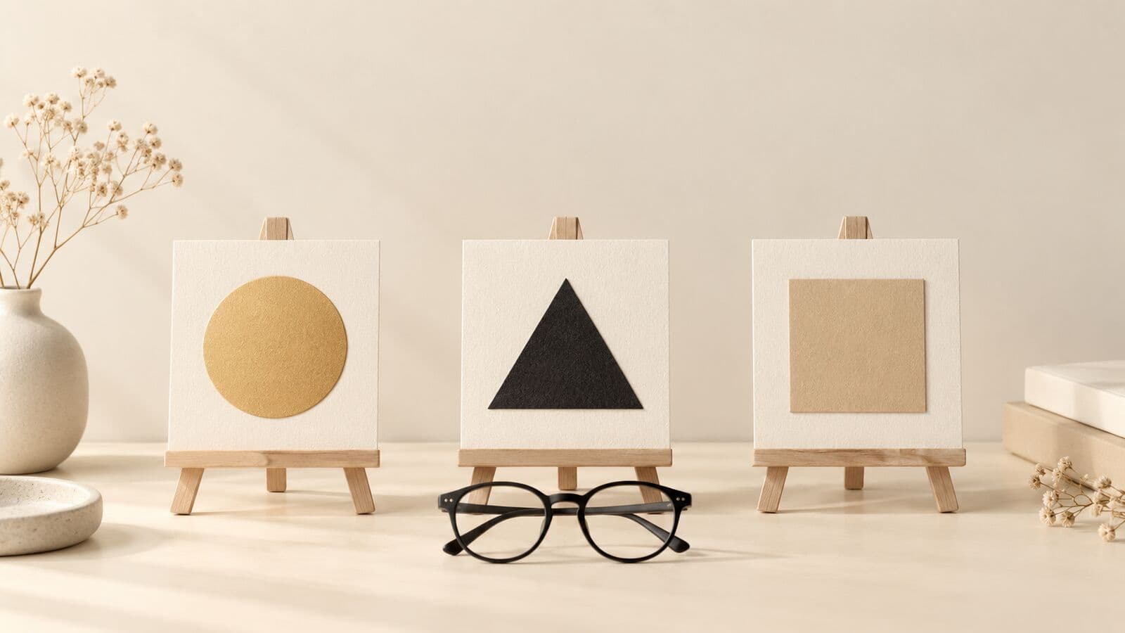 Paper cut-out of three small easels showing a gold circle, a black triangle and a tan square, with glasses in front.