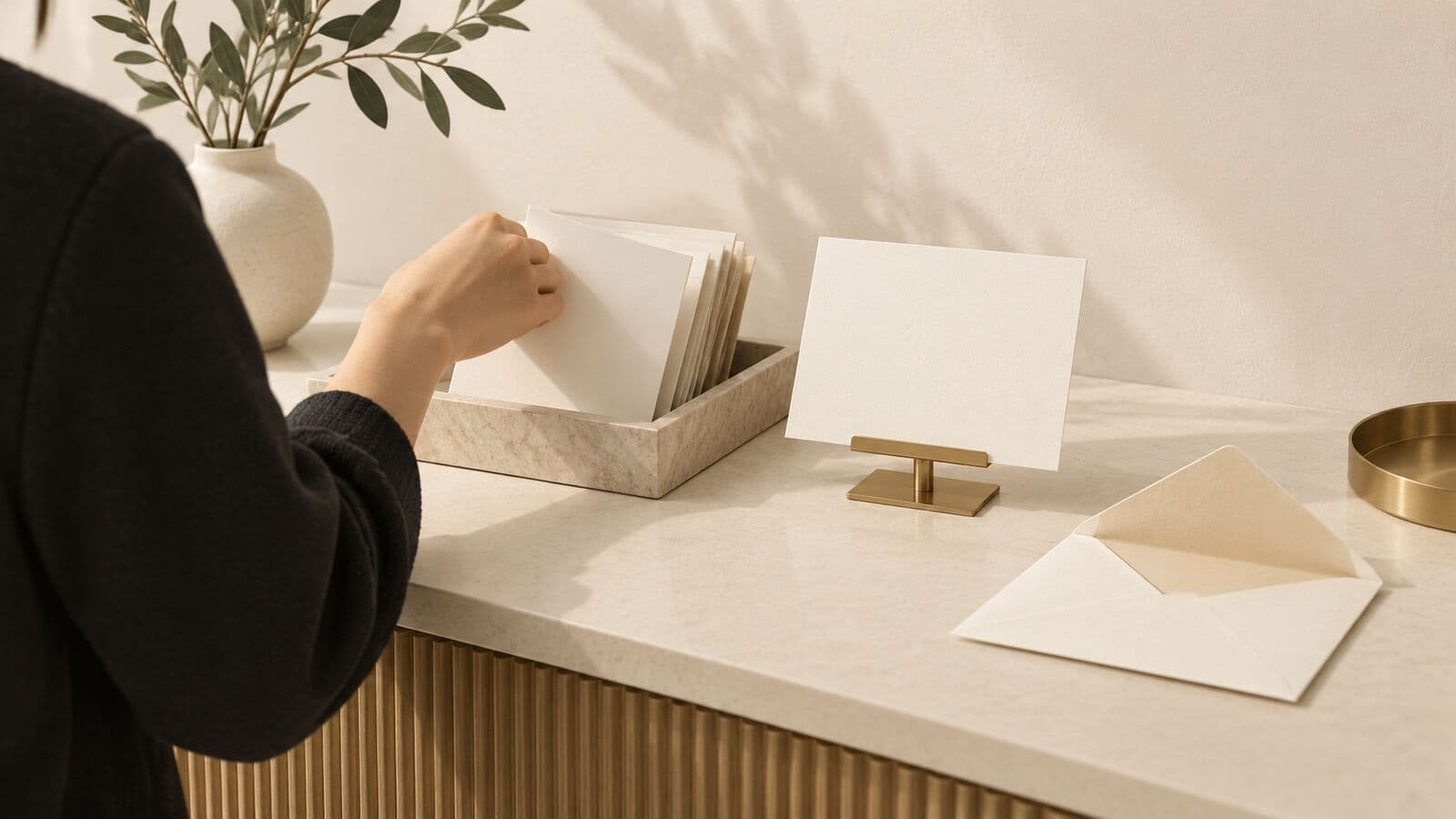 Paper cut-out of a display stand with a blank photo card and a tray of folded guides, one being taken.