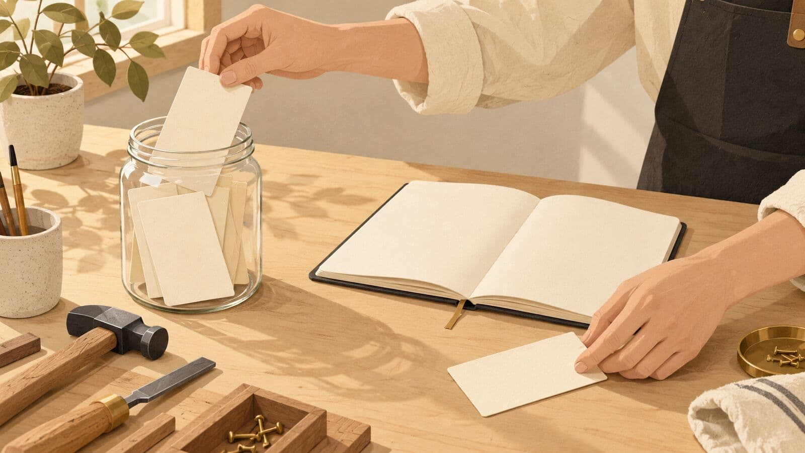 Paper cut-out of a jar of blank question cards on a workbench, with a hand drawing one beside an open notebook.