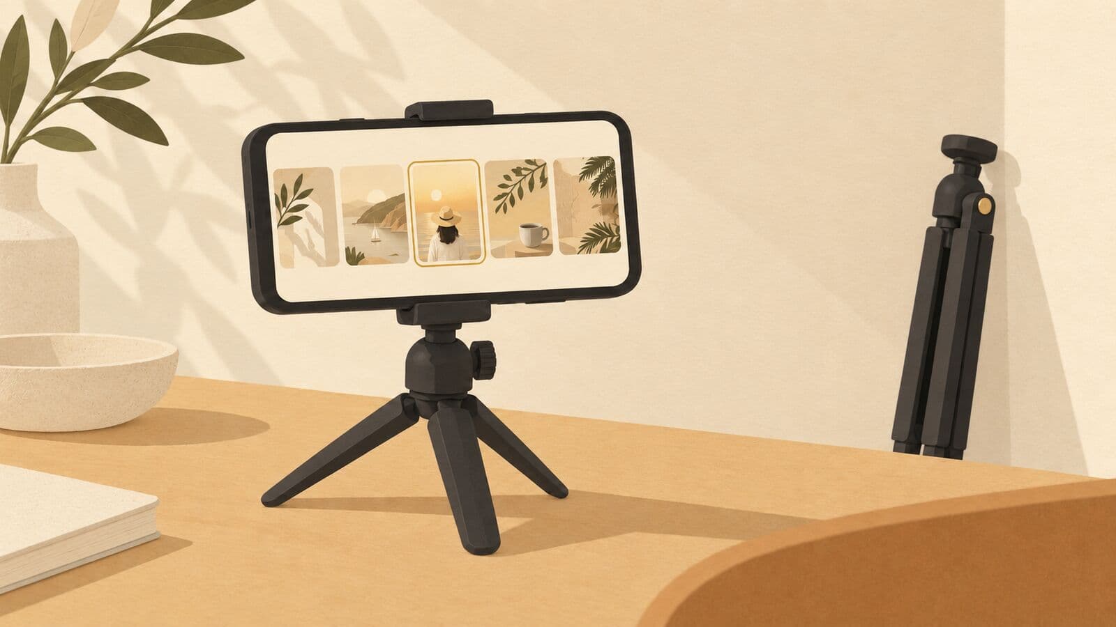 Paper cut-out of a phone on a small tripod showing a row of video thumbnails, one framed by an outline.