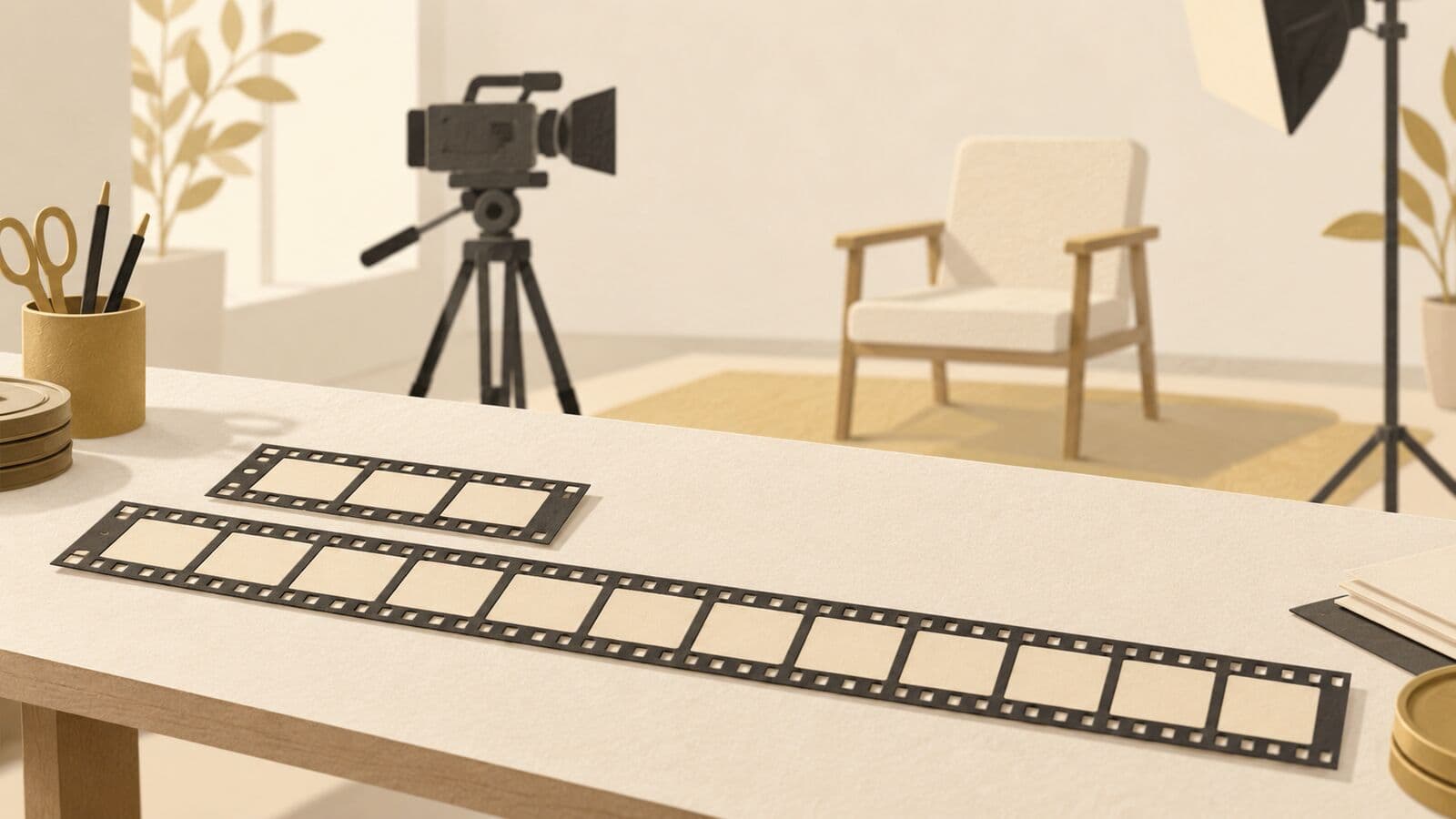 Paper cut-out of a short and a long strip of blank video frames, with a camera aimed at an empty chair.