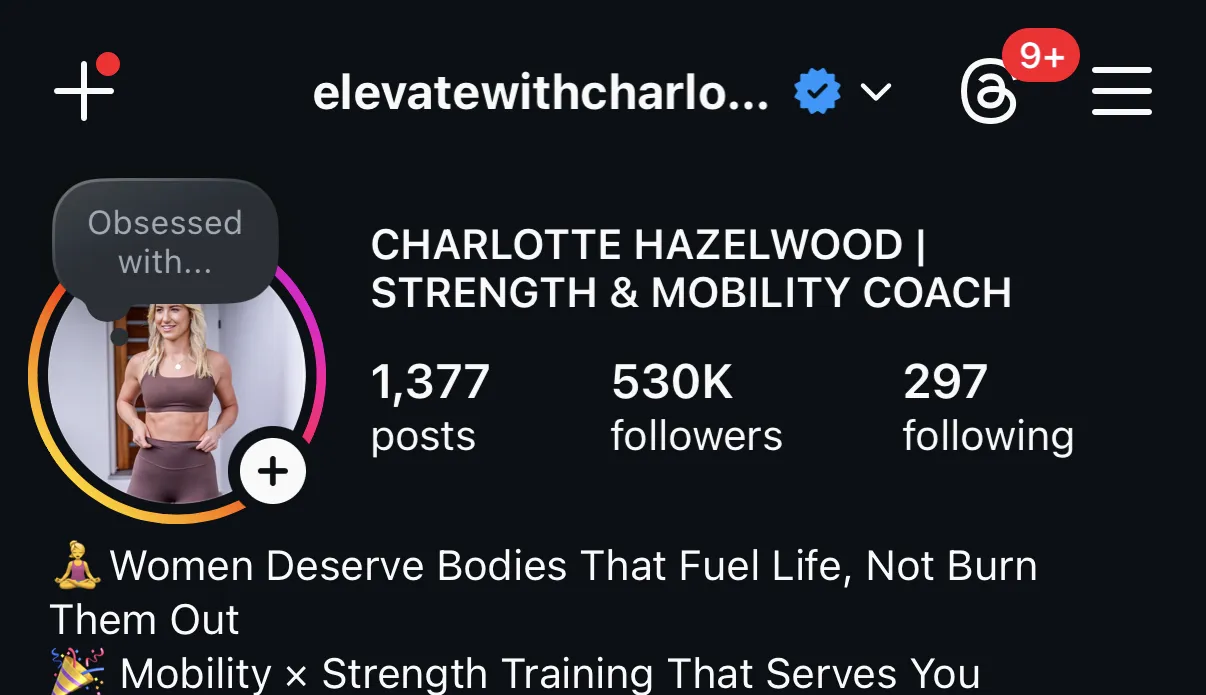 Charlotte Hazelwood's Instagram profile header: strength and mobility coach, verified, 530K followers
