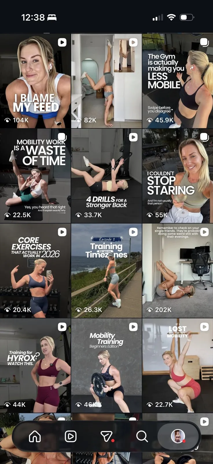 Charlotte Hazelwood's Instagram reels grid, with the view count on each reel