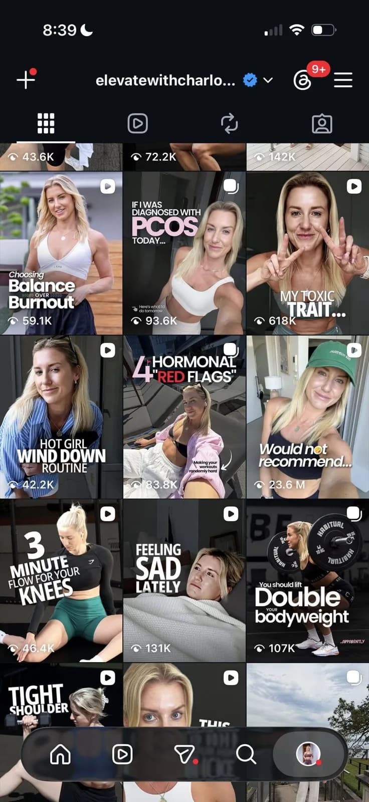 Another part of Charlotte Hazelwood's Instagram reels grid, with the view count on each reel