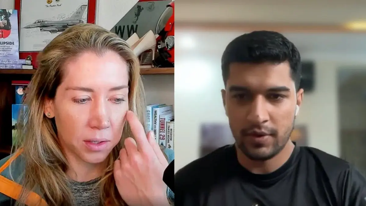 Afaq on a video call with Michelle “Mace” Curran, with her book and fighter jet pictures on the shelf behind her