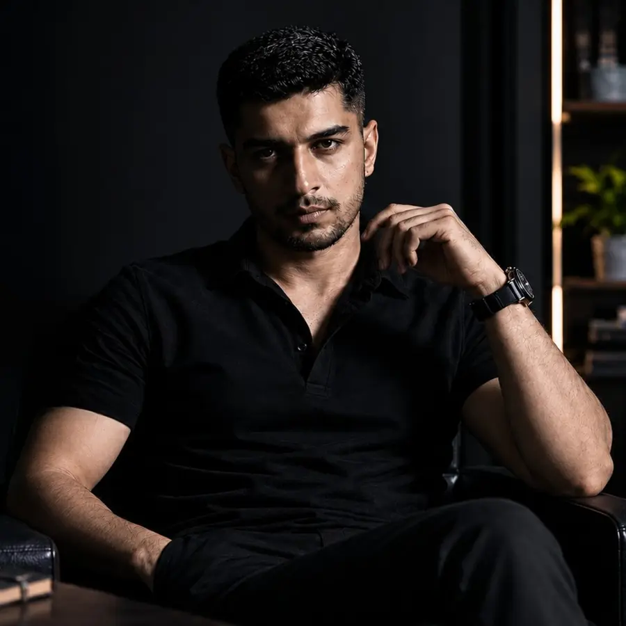 Afaq, seated in a dark office chair, wearing a black polo shirt