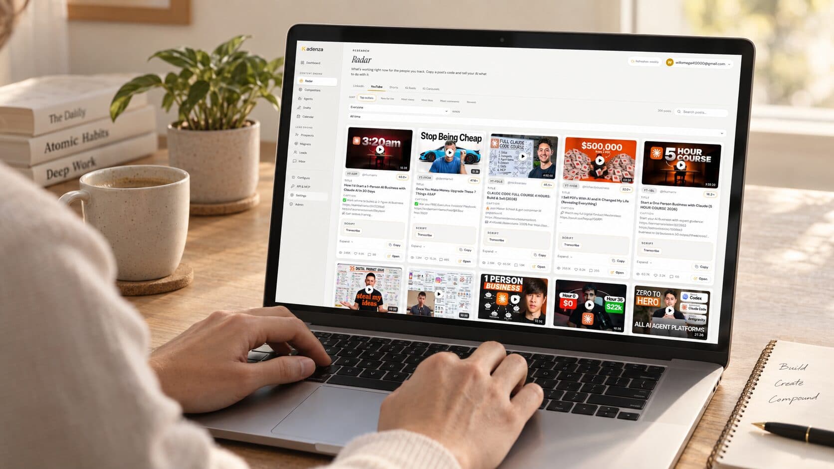 Kadenza open on a laptop at a desk, showing what is working right now